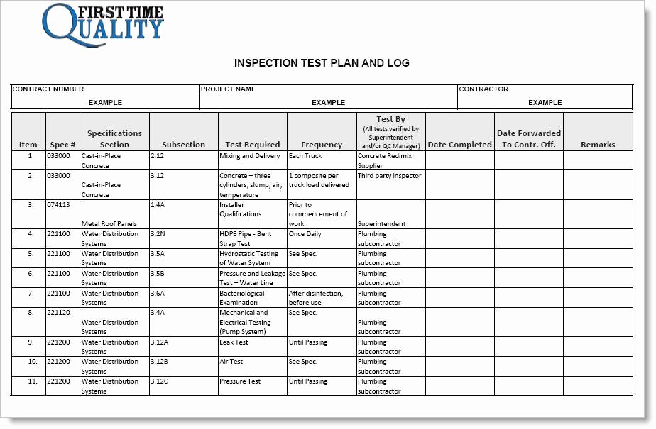 Inspection Log Template Luxury Inspection Test Plan form Pleted Example