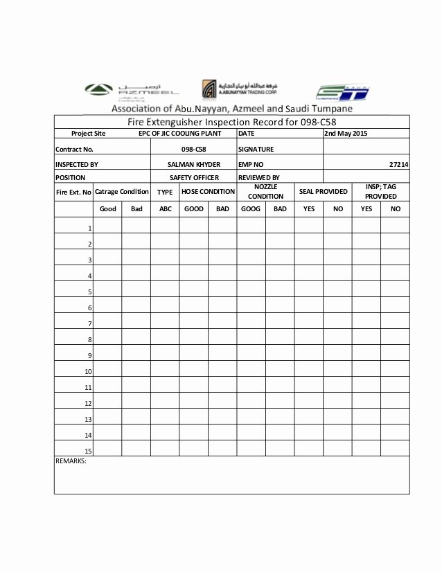 Inspection Log Template New Fire Extinguisher Monthly Checklist Report