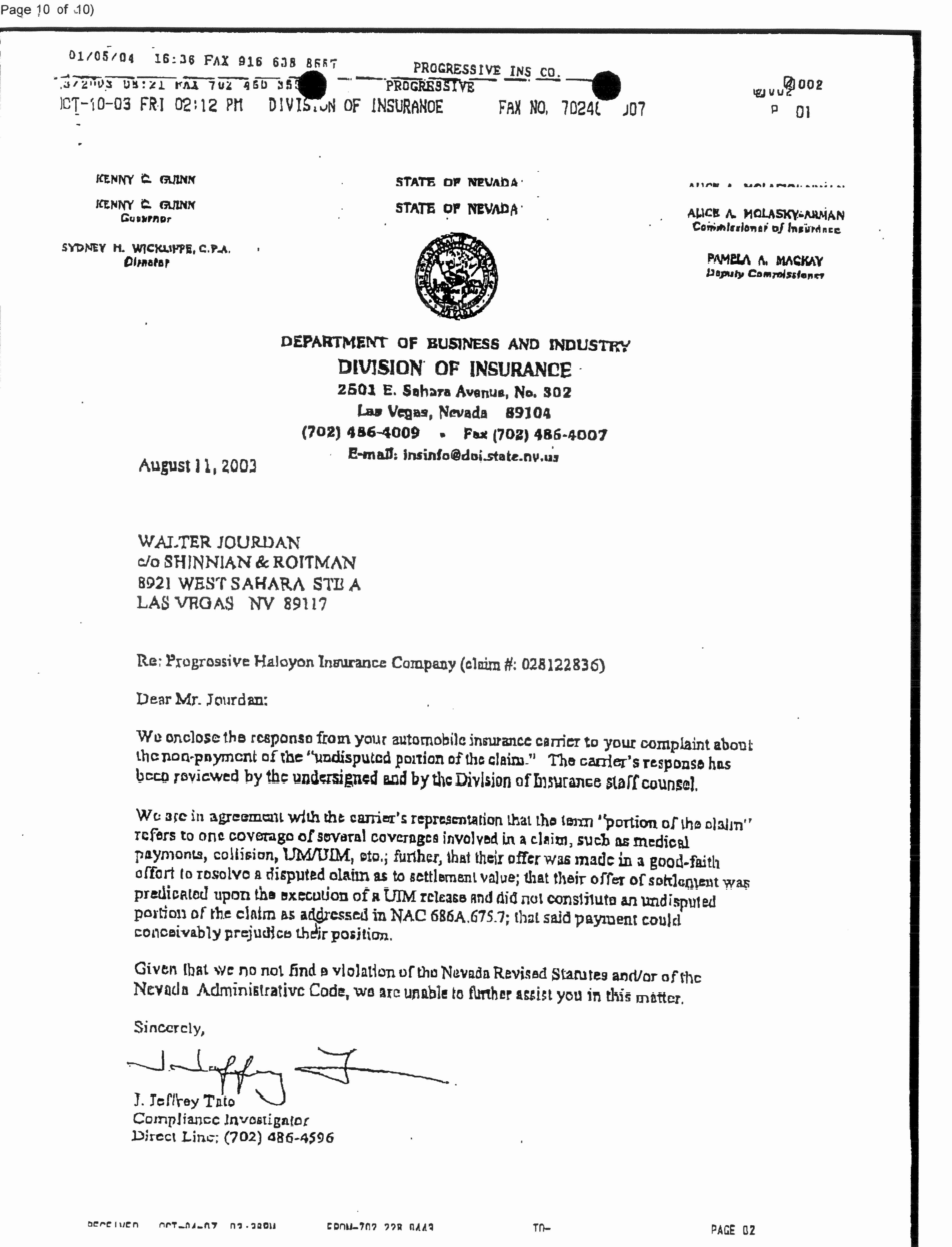 Insurance Demand Letter Elegant Nevada Division Of Insurance Letter Re Progressive