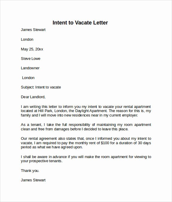 Intent to Rent Letter Awesome Intent to Vacate Letter – 7 Free Samples Examples &amp; formats