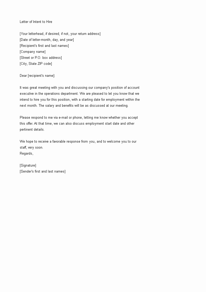Intent to Rent Letter New Free Employment Letter Of Intent to Hire
