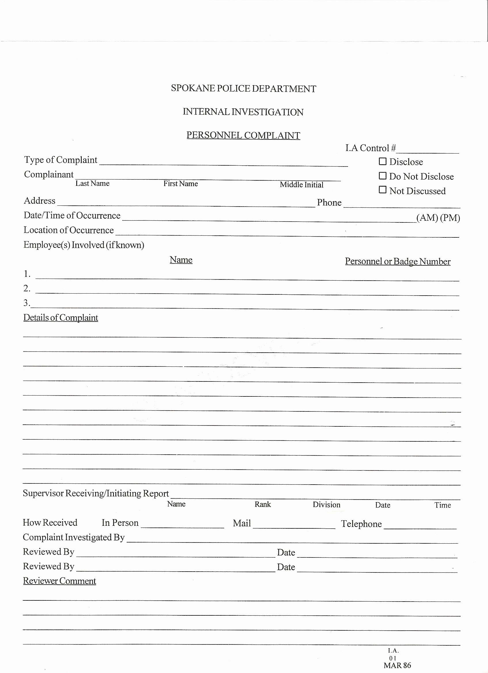 Internal Application form Awesome Spokane Police Plaint forms Spokane Police Abuses