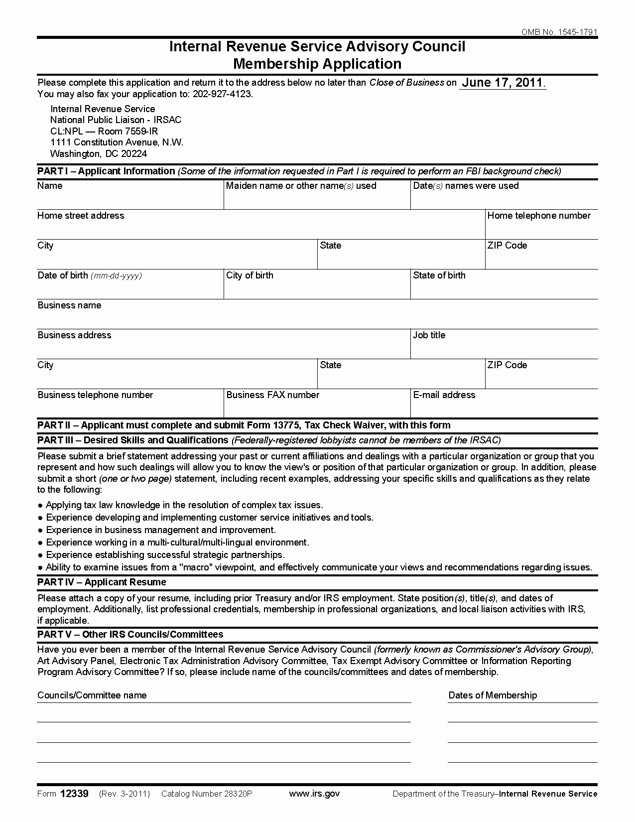 Internal Application form Elegant form Internal Revenue Service Advisory Council