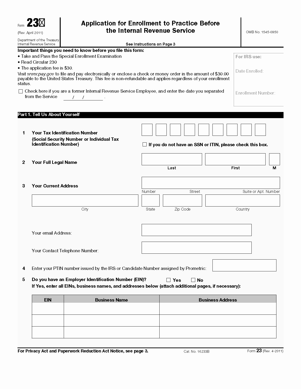 Internal Application form Fresh form 23 Application for Enrollment to Practice before the