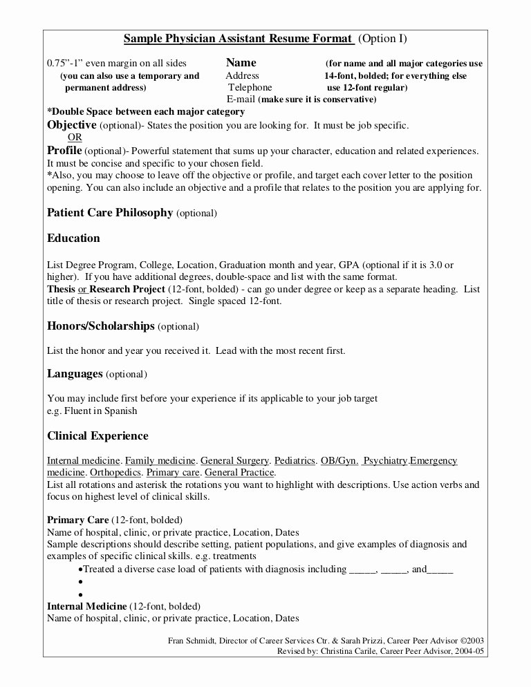 Internal Medicine Progress Note Template Elegant Sample Physician assistant Resume format Option I