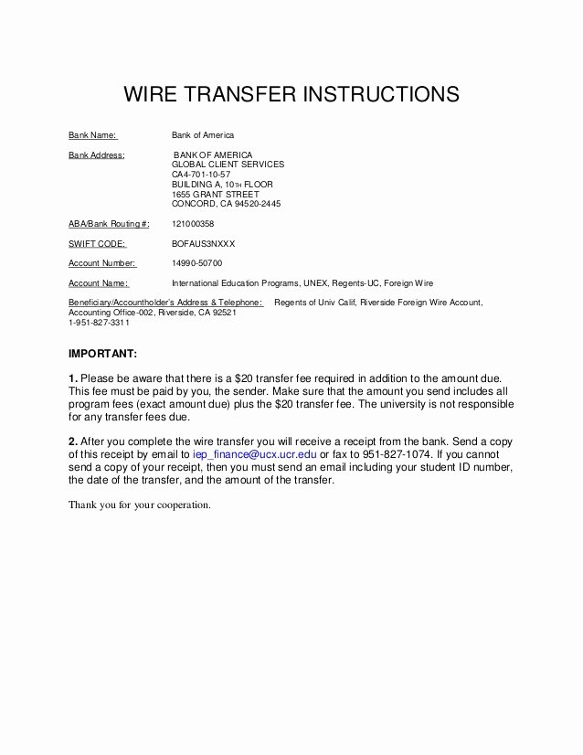 International Wire Transfer form Template Beautiful University Of California Riverside Wire Transfer B Of A