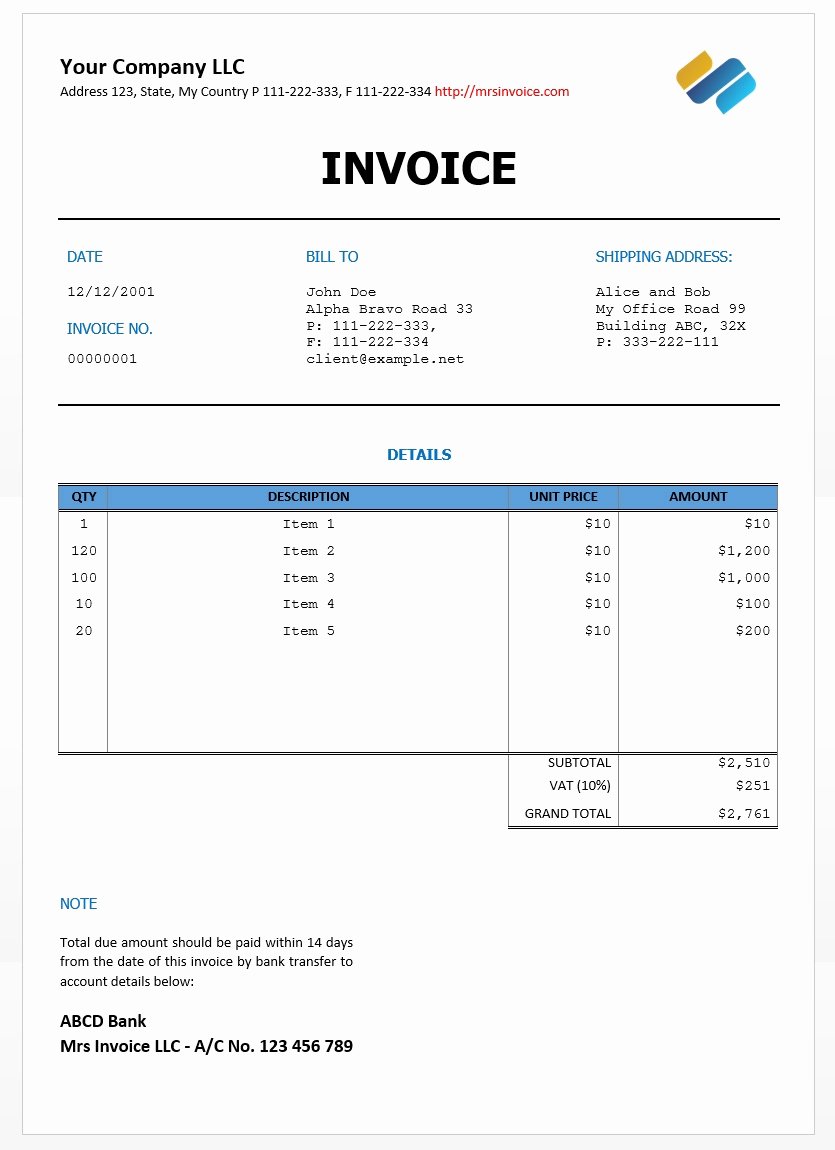 Invoice Template Word 2010 Awesome Invoice Template Word Doc