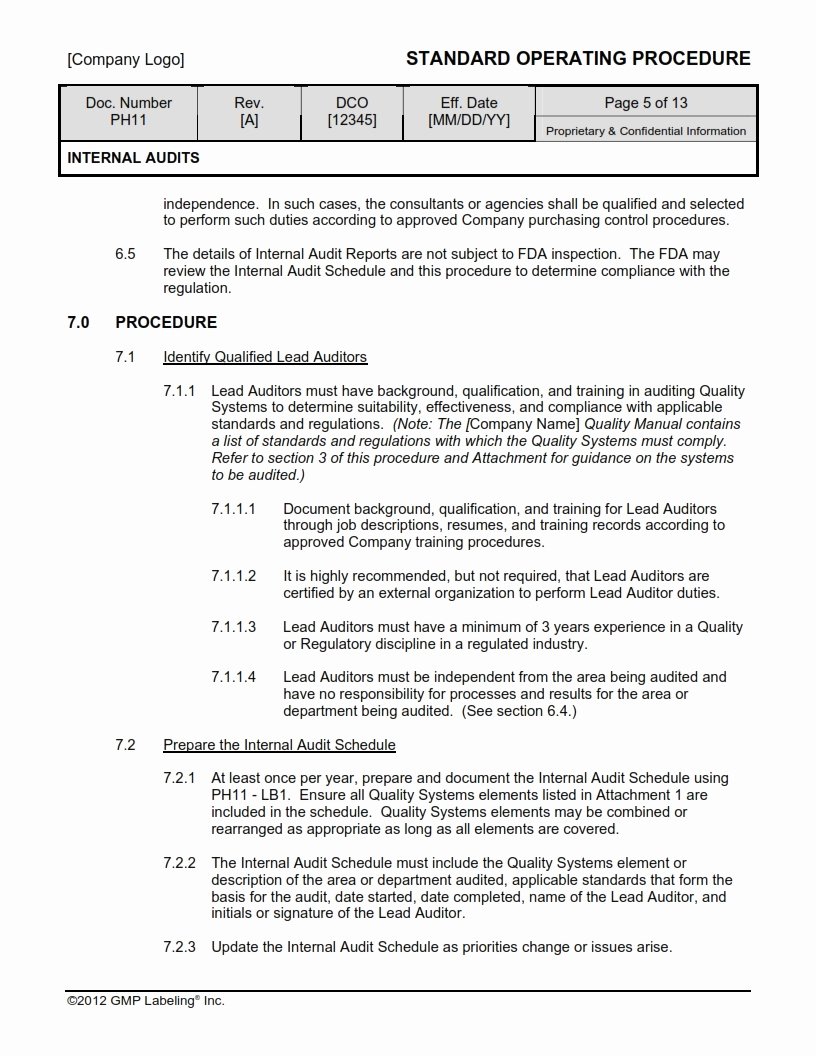 Iso 9001 Work Instruction Template Best Of Internal Audits sop Template Ph11 Gmp Qsr &amp; iso Pliance