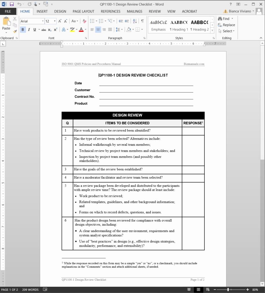 Iso Process Template Elegant Design Review Checklist iso Template