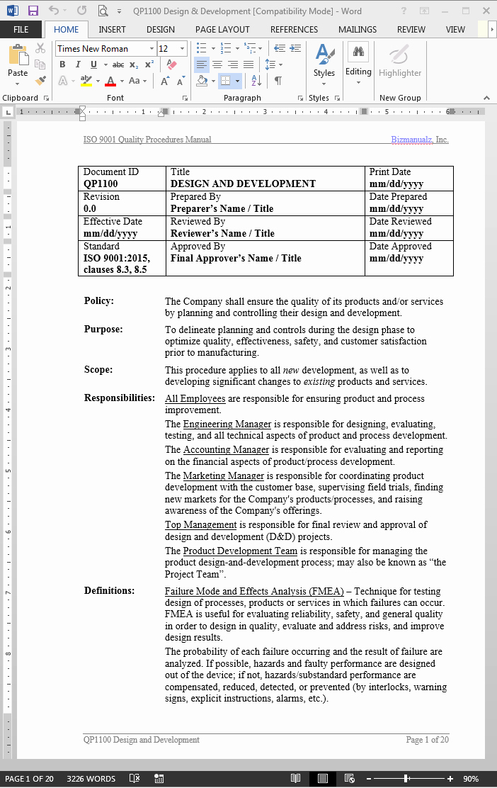 Iso Process Template Lovely Design Development Procedure iso 9001 2015