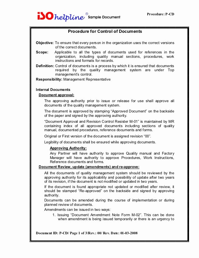 Iso Process Template Lovely iso 9001 Procedure for Control Of Document P Cd 4 2 3