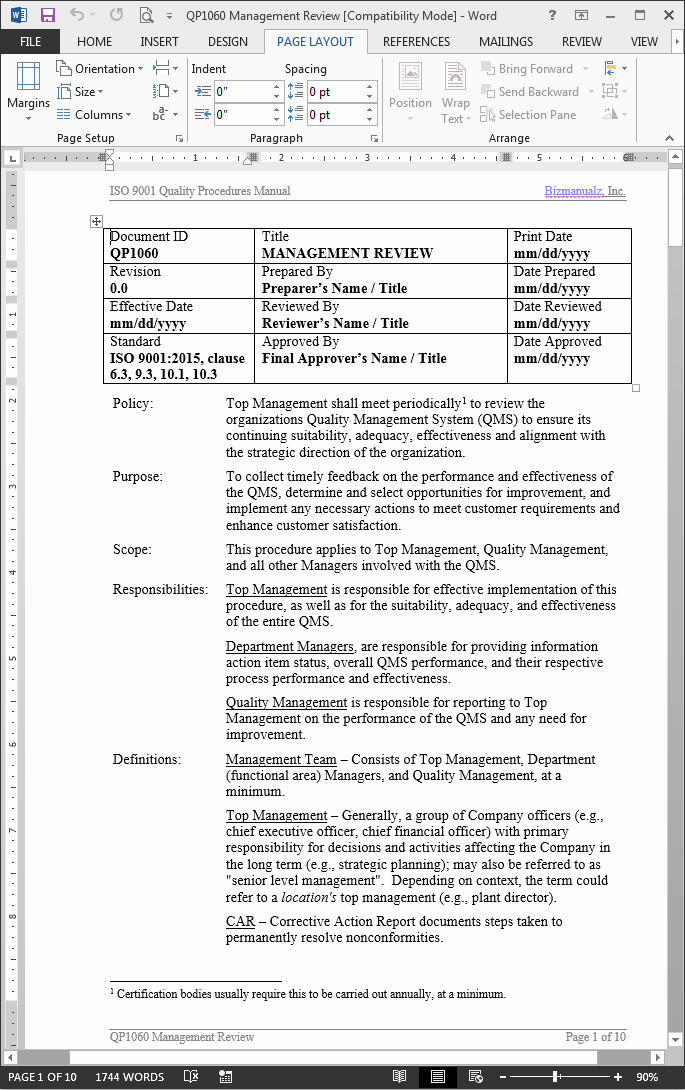 Iso Process Template Lovely Management Reviews Procedure iso 9001 2015