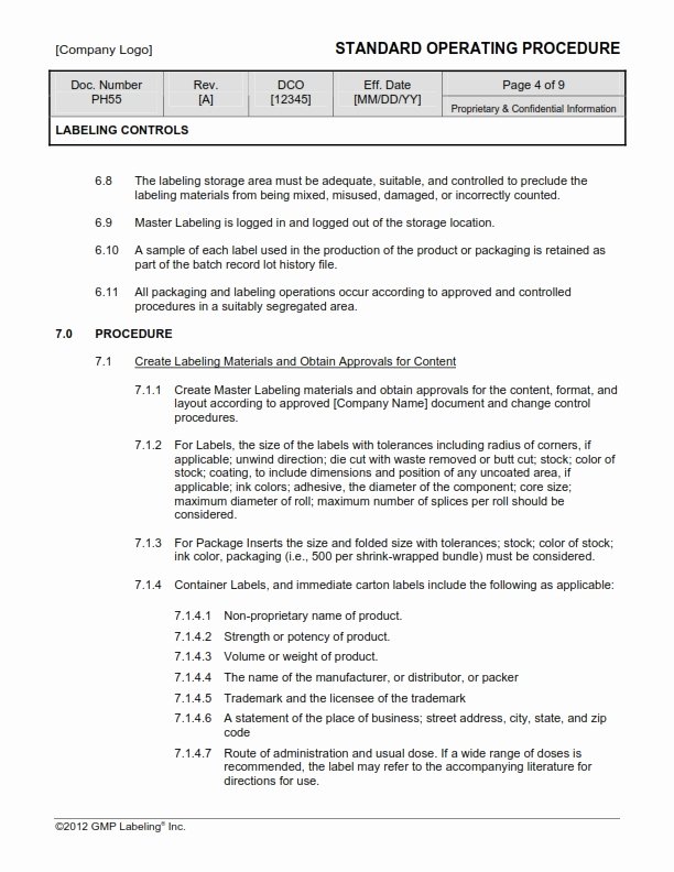 Iso Process Template Luxury Labeling Controls sop Template Ph55 Gmp Qsr &amp; iso