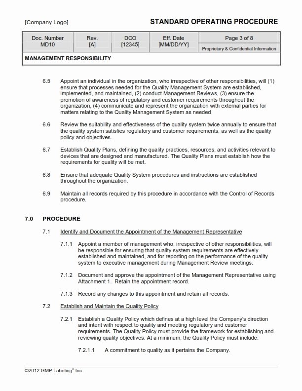 Iso Process Template Unique Management Responsibility sop Template Md10 Gmp Qsr