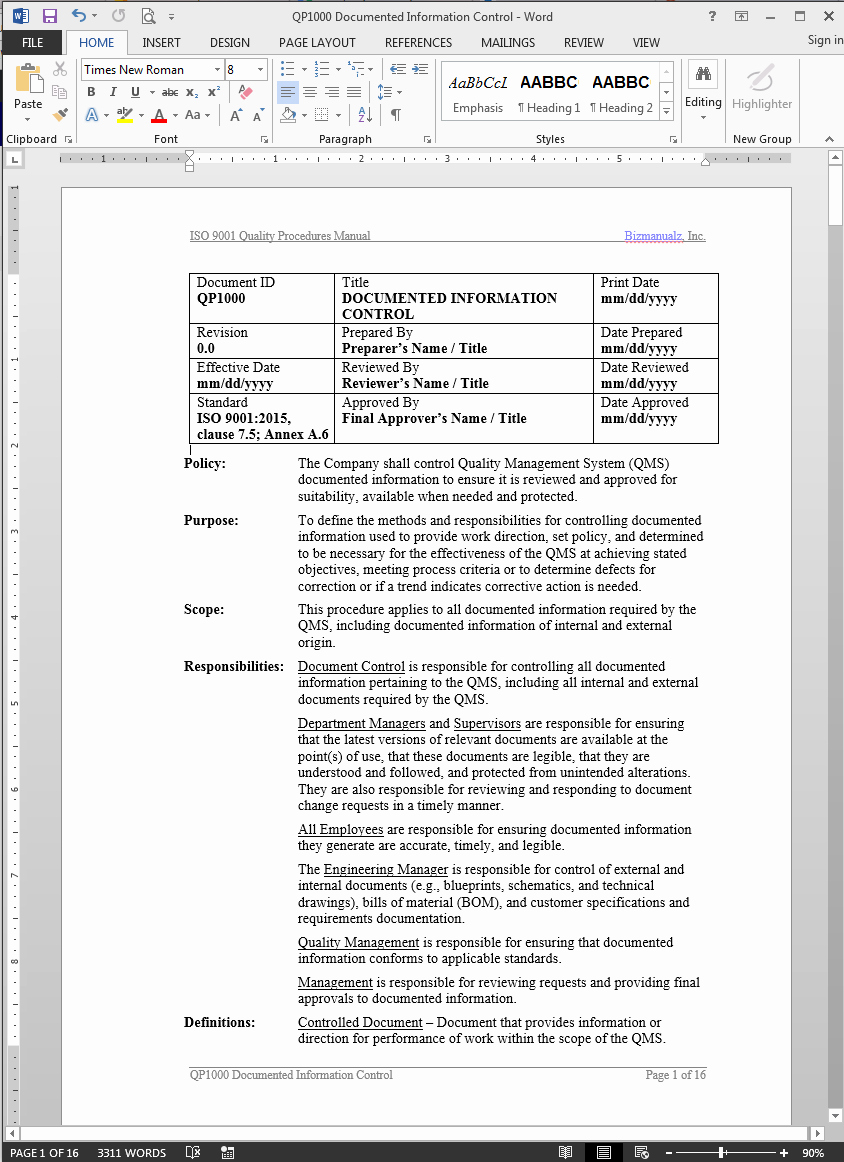 Iso Work Instruction Template Awesome Documented Information Control Procedure iso 9001 2015