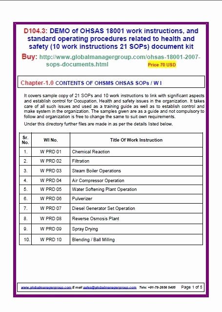 Iso Work Instruction Template Beautiful Ohsas Templates Document Kit Covers Sample Copy Of