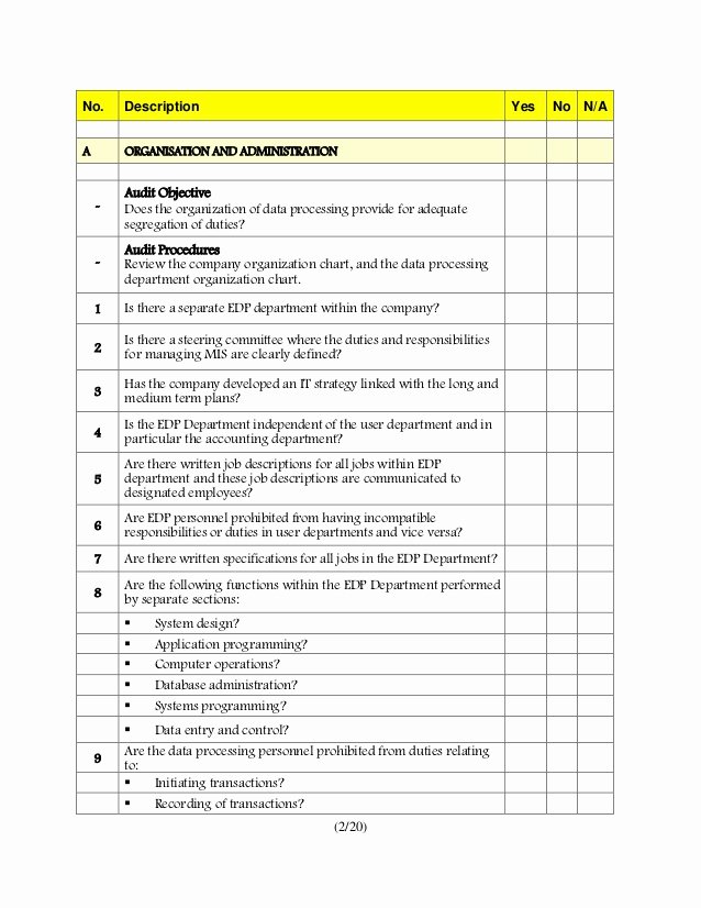 It Security Audit Checklist Template Lovely Audit Checklist for Information Systems