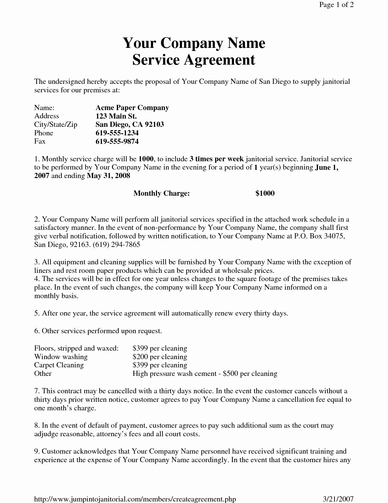 Janitorial Contract Template Beautiful Janitorial Service Agreement by Hgh Sample