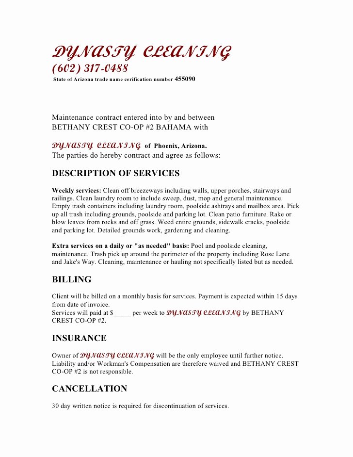 Janitorial Contract Template Luxury Free Printable Cleaning Contract Template form Generic