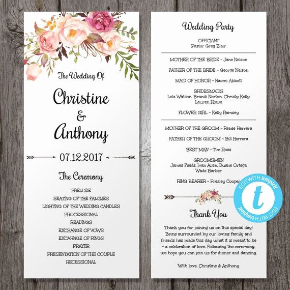 Jewish Wedding Program Template New Pink Floral Wedding Program Instant Download Bohemian