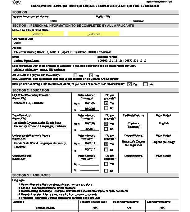 Job Application Sample Pdf Awesome Sample Employment Application form Ds 174