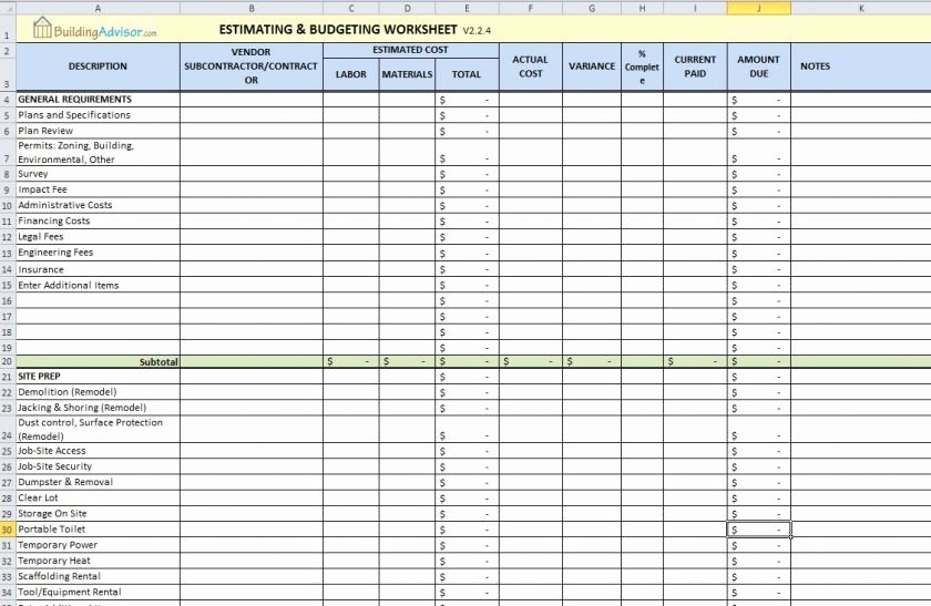 Job Cost Sheet Template Beautiful Construction Cost Estimating Spreadsheet Awesome 25 Job