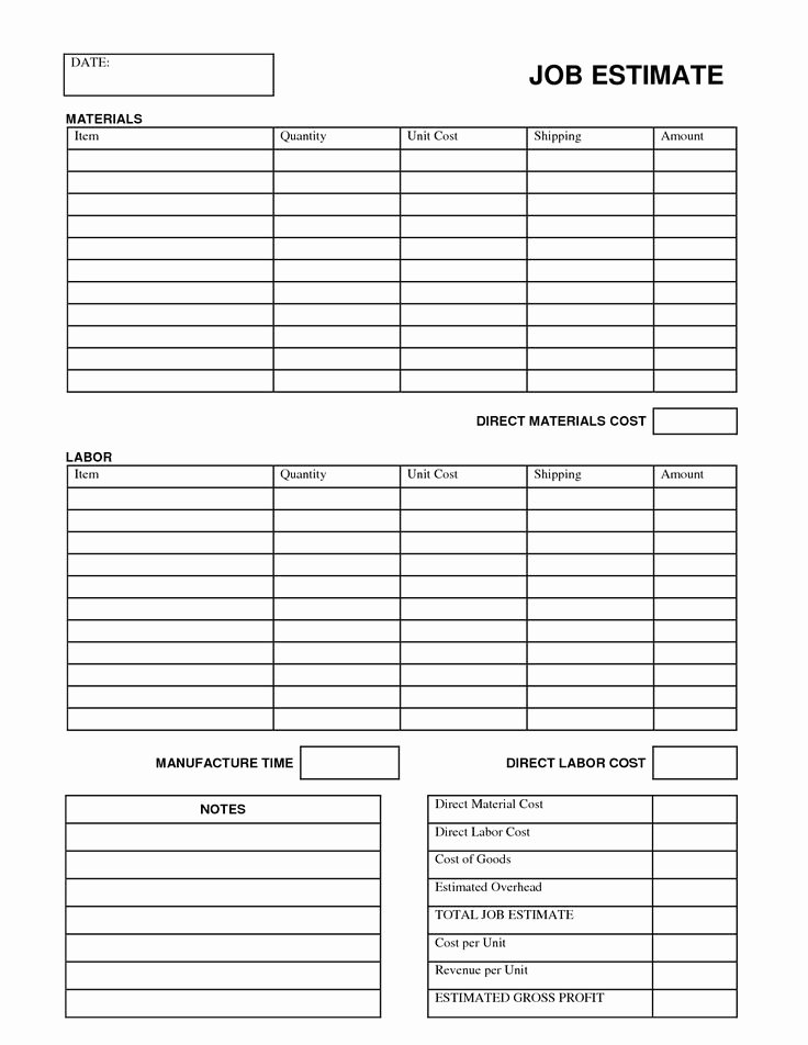 Job Cost Sheet Template Excel Inspirational Printable Job Estimate forms