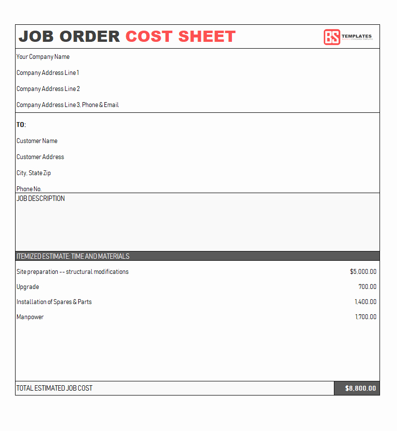 Job Cost Sheet Template Excel New Job Sheet