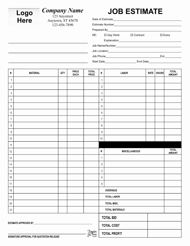 Job Cost Sheet Template Luxury Job Estimate Template