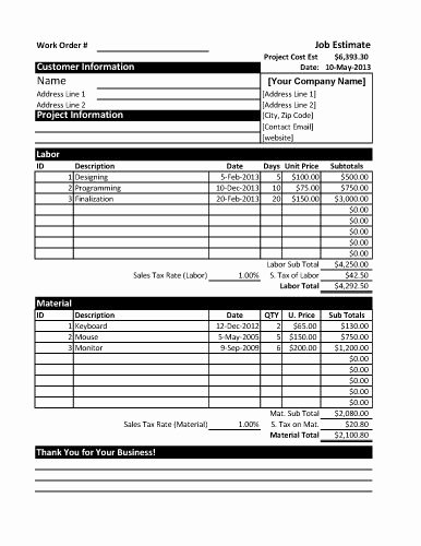 Job Cost Sheet Template Luxury Project Cost Estimate for Excel