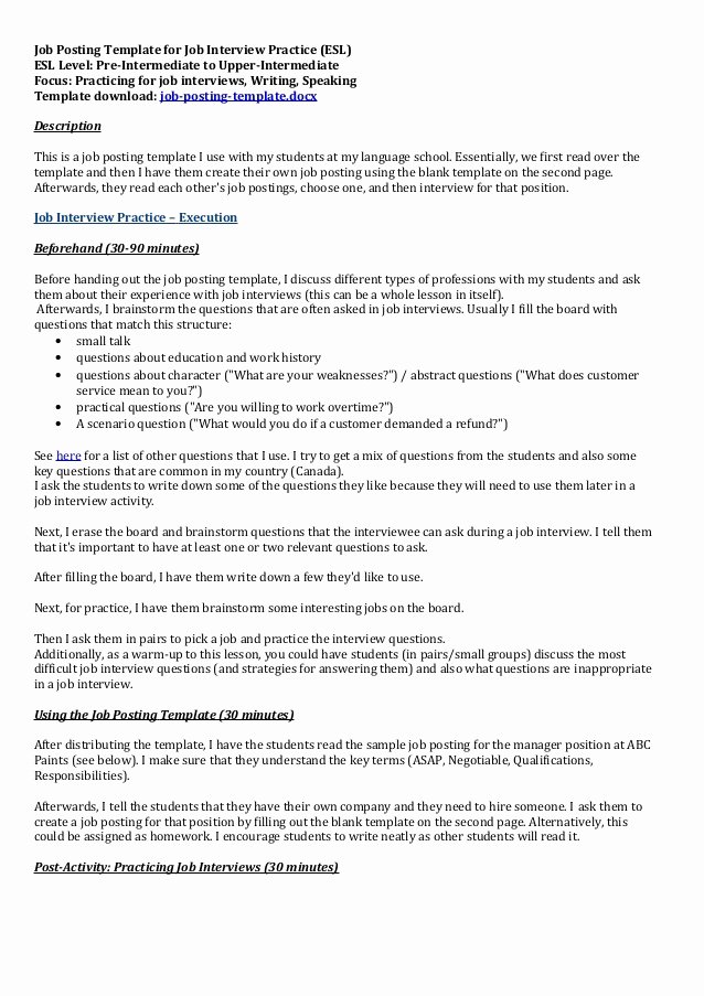 Job Posting Examples Lovely Job Posting Template for Job Interview Practice