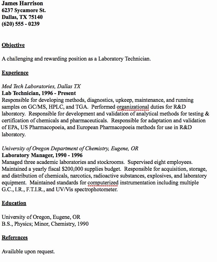 Laboratory Technician Resume Sample Beautiful Example Laboratory Technician Resume