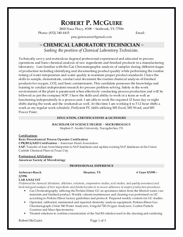 Laboratory Technician Resume Sample Best Of Chemical Lab Technician Resume 6 10 2016