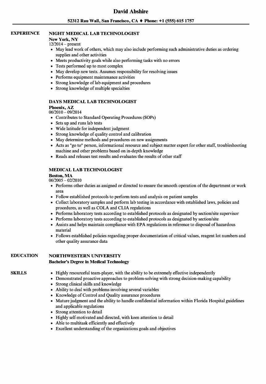 Laboratory Technician Resume Sample Best Of Medical Lab Technologist Resume Samples