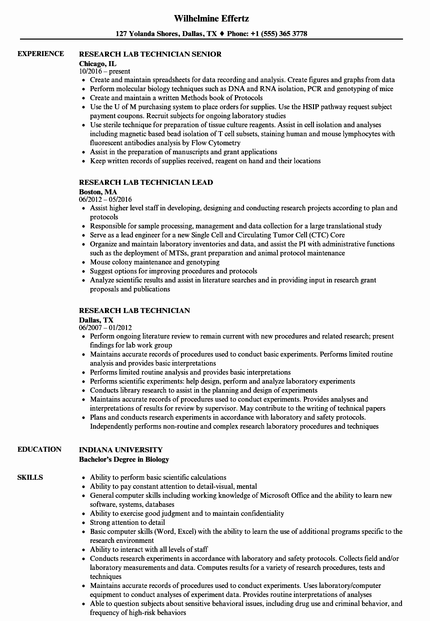 Laboratory Technician Resume Sample Inspirational Research Lab Technician Resume Samples