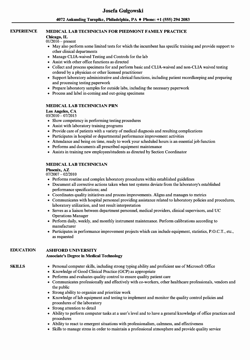 Laboratory Technician Resume Sample Lovely Medical Lab Technician Resume Samples