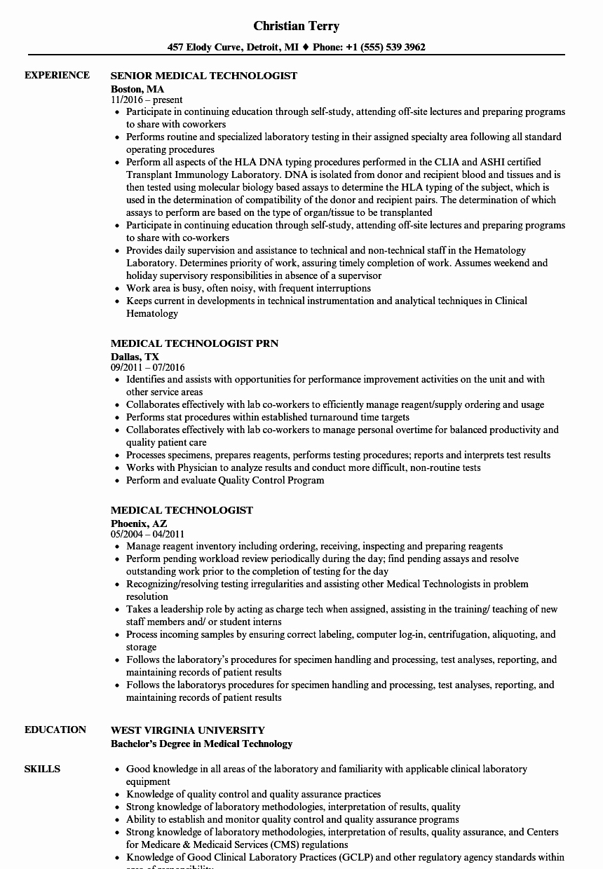 Laboratory Technician Resume Sample Lovely Medical Technologist Resume Samples