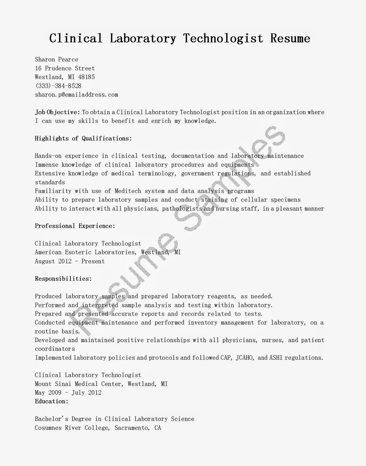 Laboratory Technician Resume Sample Luxury Resume Samples Clinical Laboratory Technologist Resume Sample