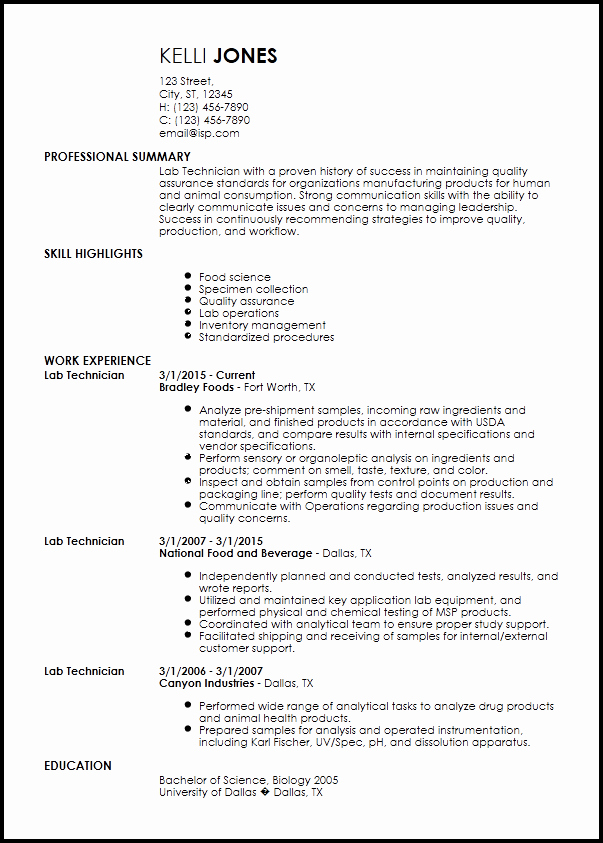 Laboratory Technician Resume Sample New Free Entry Level Lab Technician Resume Templates