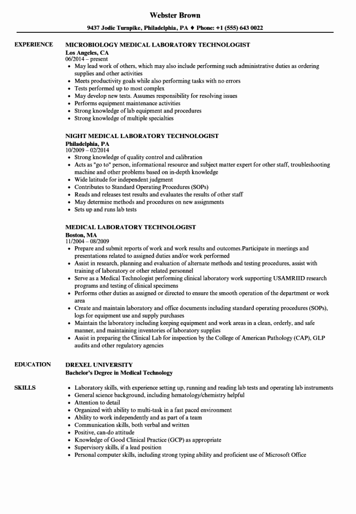 Laboratory Technician Resume Sample New Resume and Template 63 Medical Laboratory Technologist