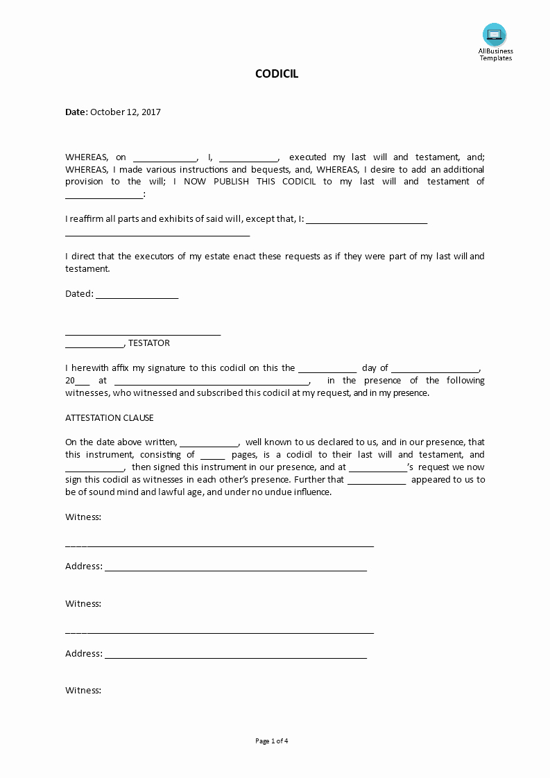 Last Will and Testament Template Microsoft Word Inspirational Real Estate Codicil