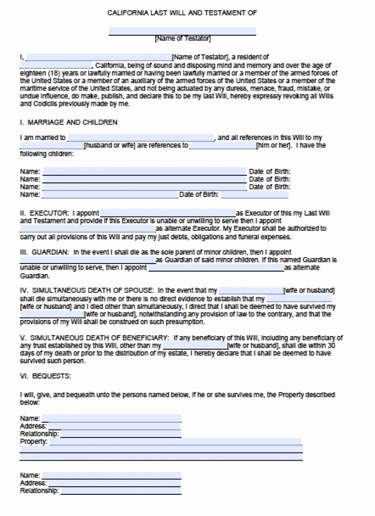 Last Will and Testament Template Microsoft Word Lovely Download California Last Will and Testament form