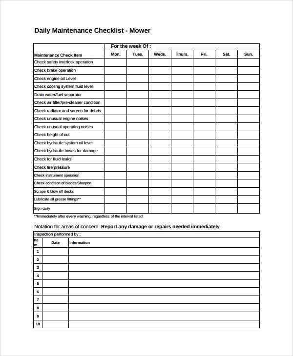 Lawn Mower Maintenance Log Template Best Of 14 Sample Daily Checklist Templates