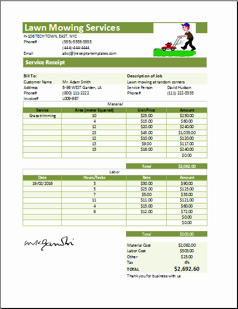 Lawn Mowing Schedule Template Awesome Ms Excel Printable Lawn Mowing Receipt Template