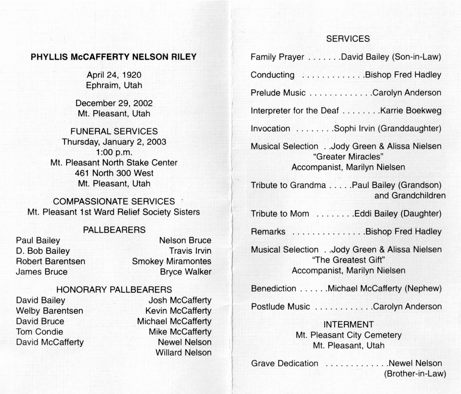 Lds Funeral Program Template Free New Mt Pleasant Pioneer Phyllis M Riley Funeral Program