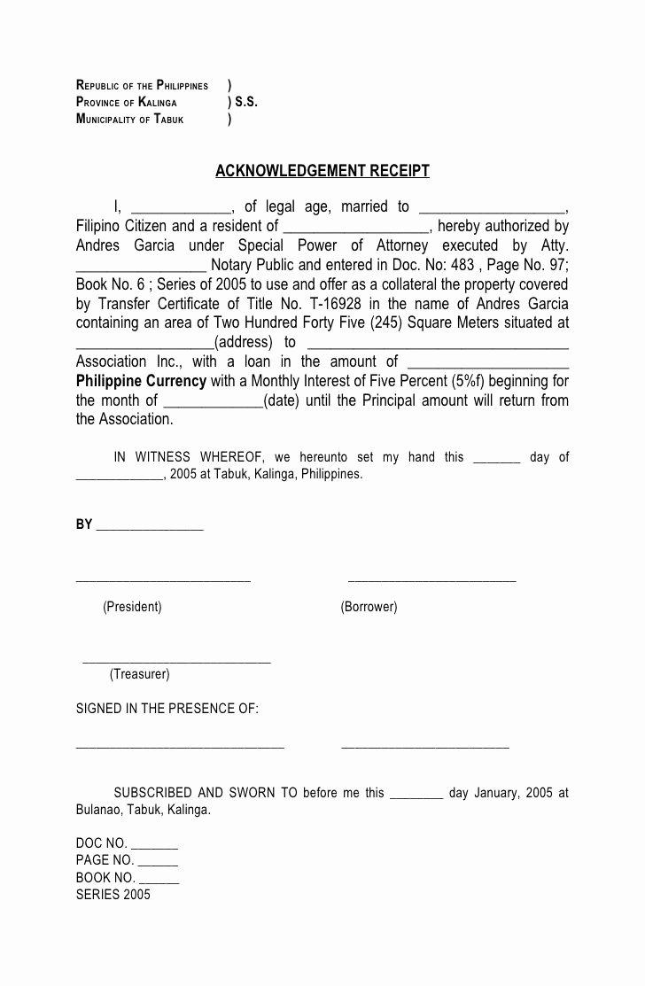 Legal Receipt for Cash Payment Beautiful Republic Of the Philippines Province Of Kalinga S S