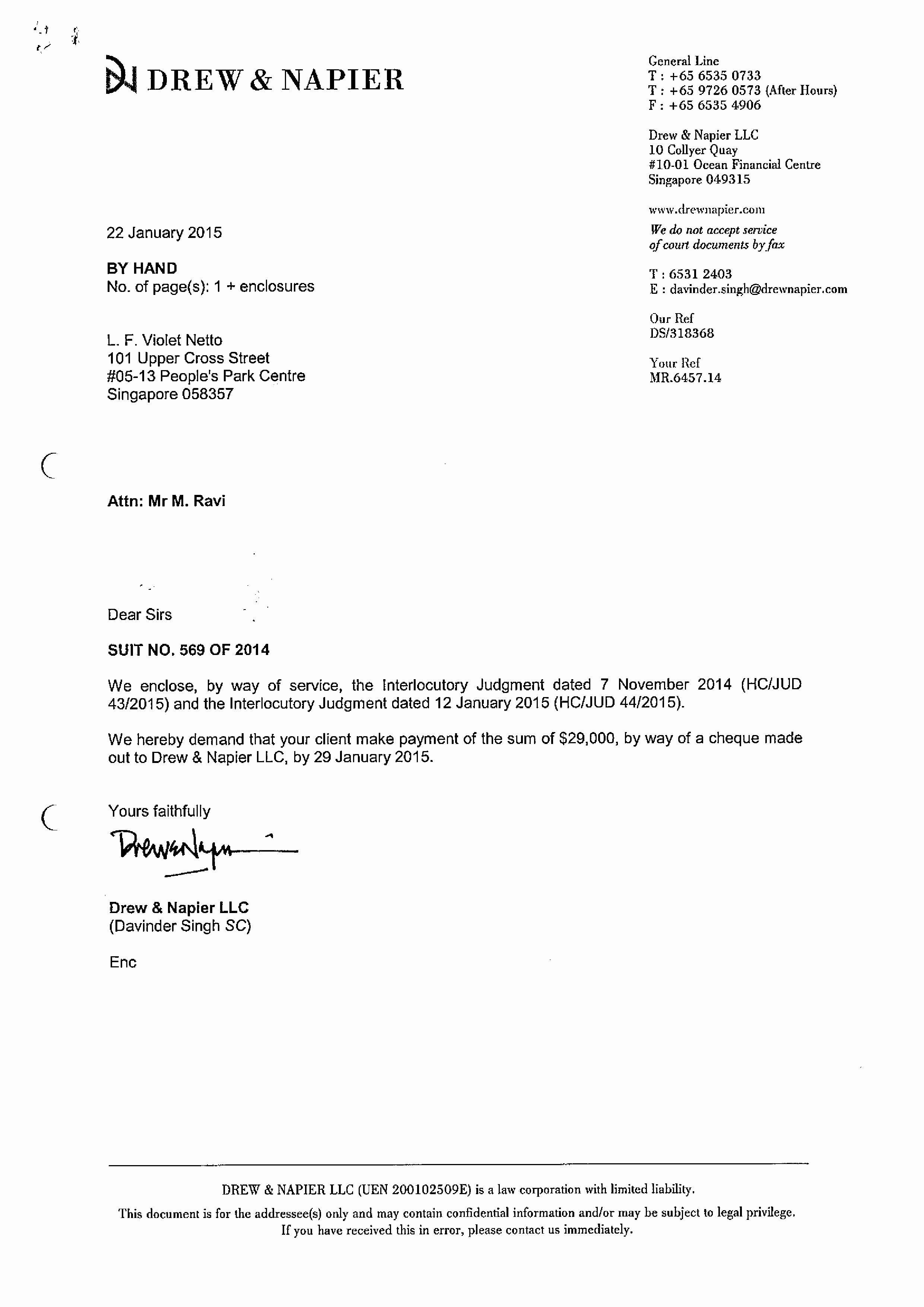 Legal Receipt for Cash Payment Lovely Lee Hsien Loong’s Lawyers Drew &amp; Napier are Not Allowing