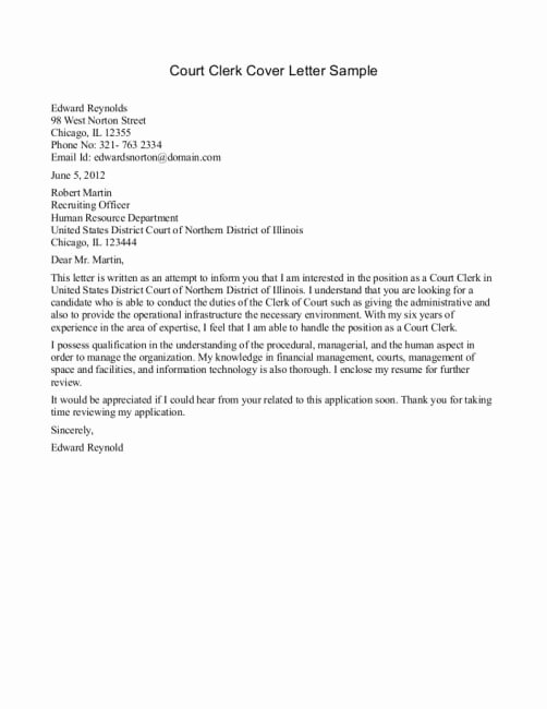 Letter format for Court Unique Court Clerk Cover Letter
