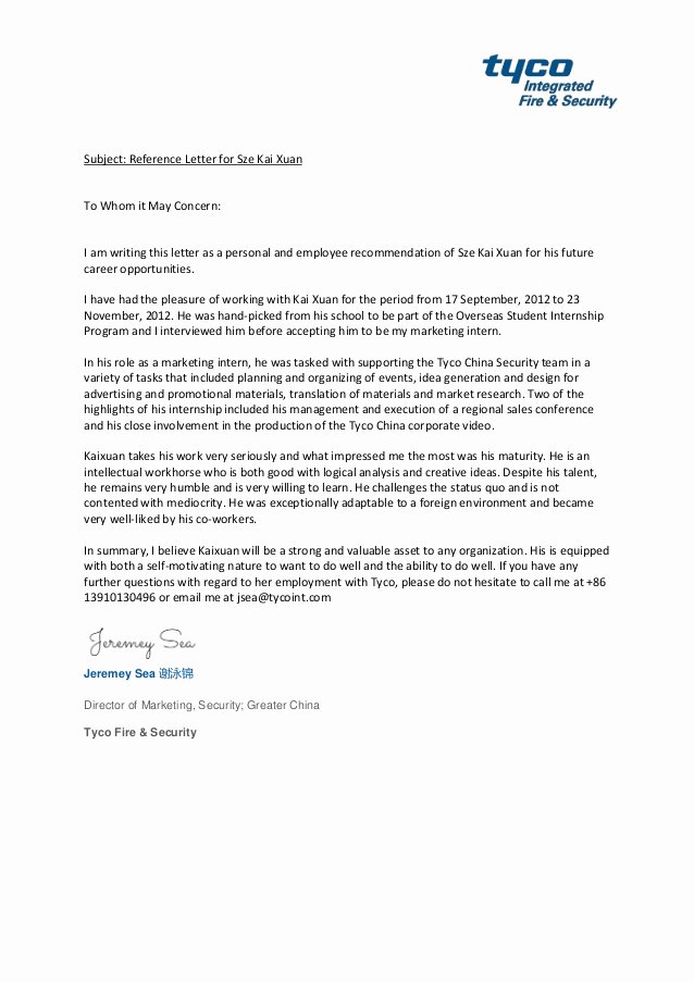 Letter Of Concern for Employee Elegant Reference Letter Kaixuan May 2013