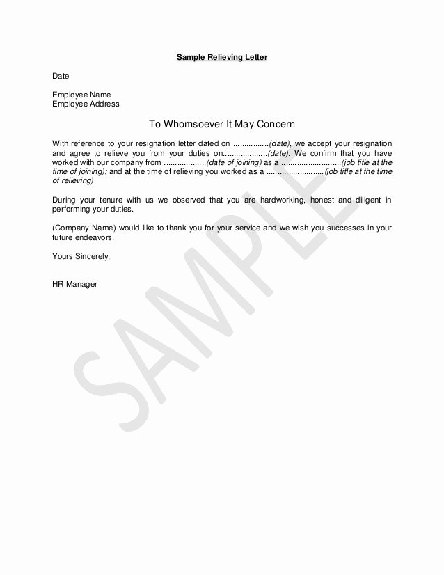 Letter Of Concern for Employee Luxury Hr Guide Sample Relieving Letter